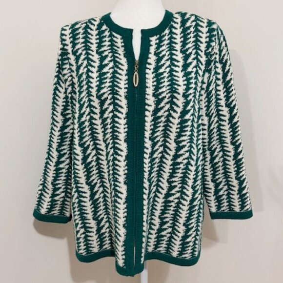 The Michael Collection Sweaters - The Michael Collection Green & Cream Knit Zip Front Cardigan Sweater Size XL